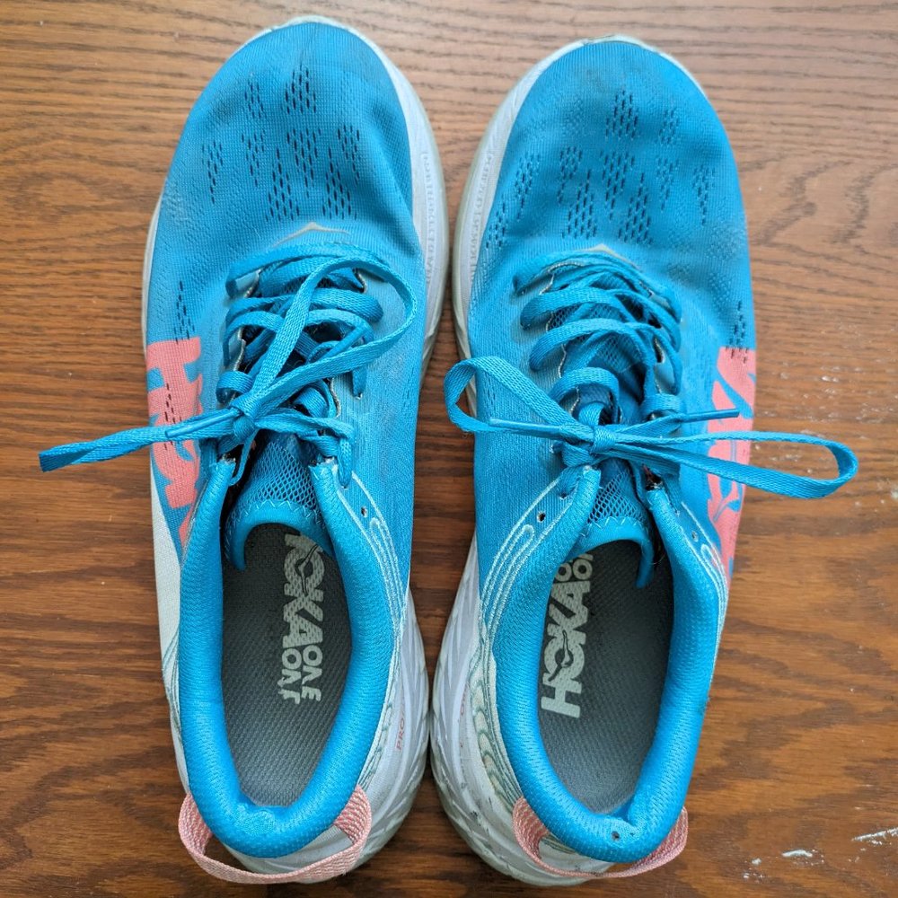Hoka One One Carbon X Women's Turquoise White Peach Athletic Running Shoes Sz 9